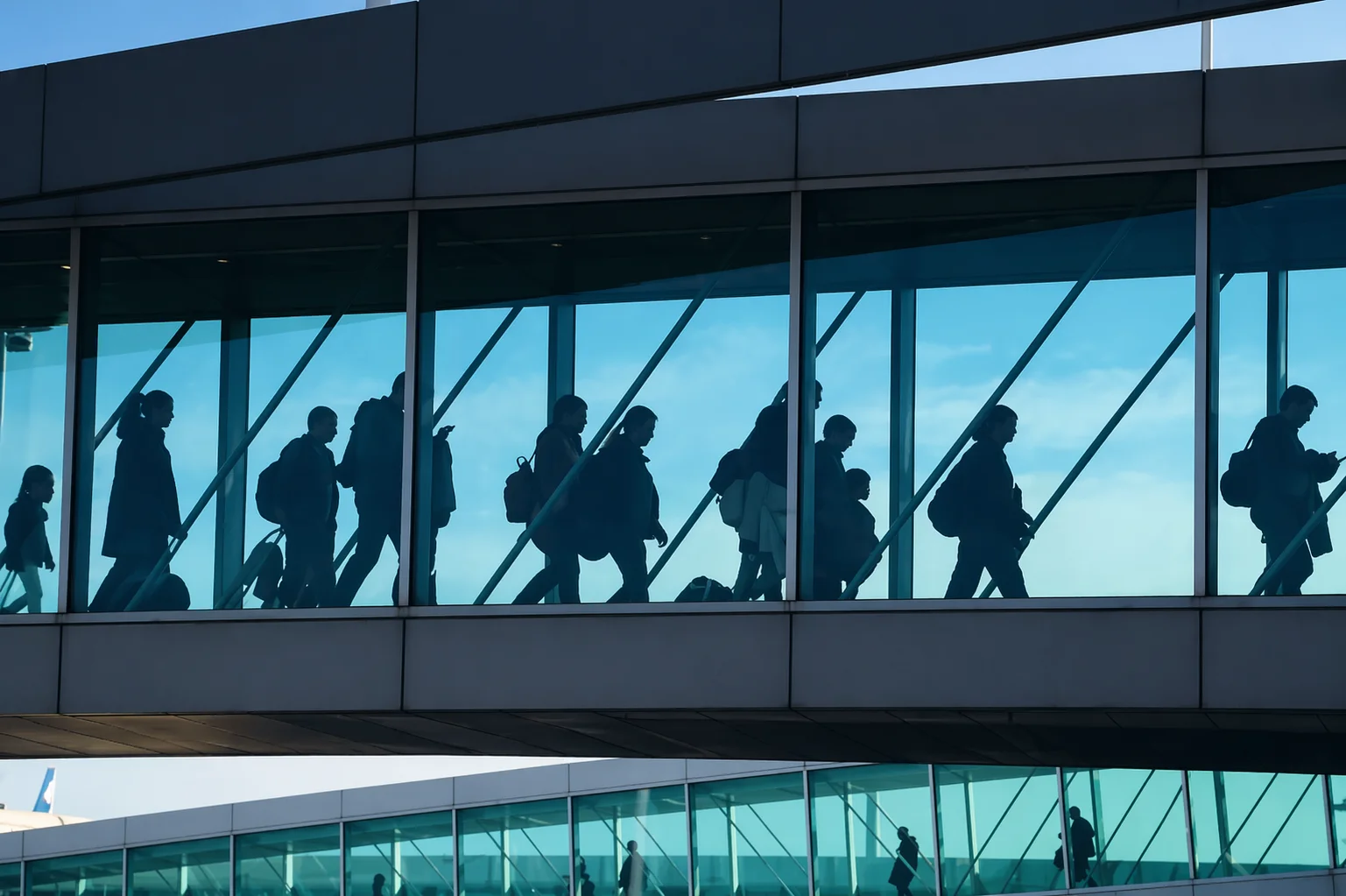 Silhuetas de passageiros caminhando em corredor envidraçado de aeroporto