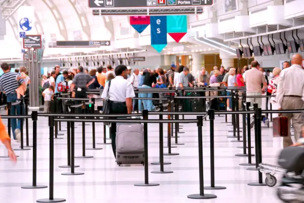 Fila de passageiros em aeroporto aguardando atendimento