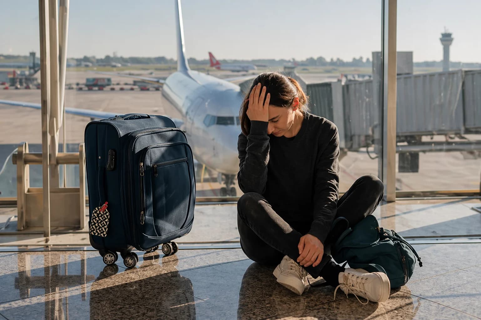 Passageira sentada no chão do aeroporto com mala ao lado e avião ao fundo, aparentando preocupação