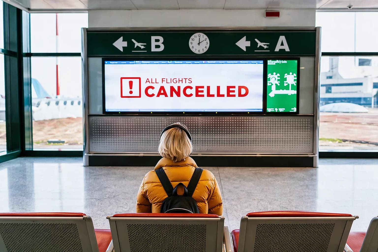 Passageira de casaco amarelo sentada no aeroporto diante de painel com 'All Flights Cancelled'